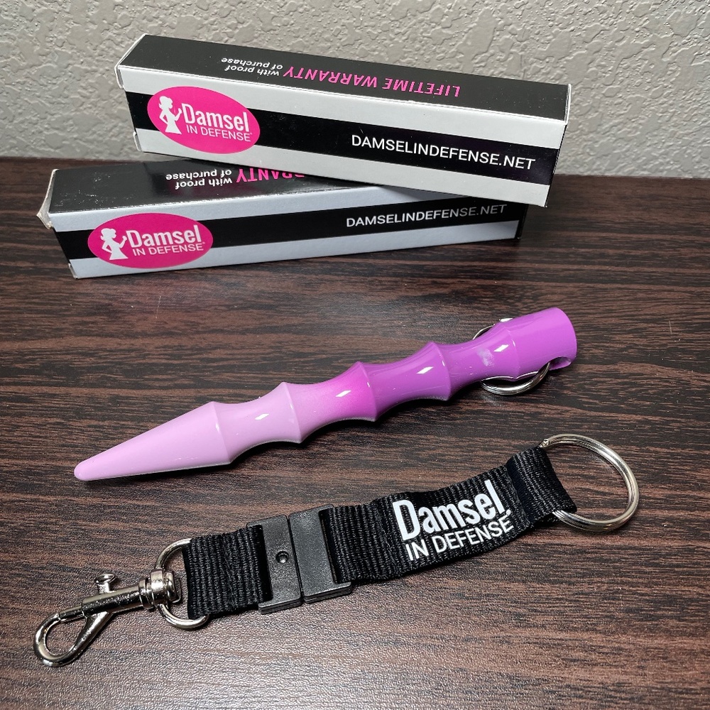 Damsel In Defense Breakaway lanyard & Kubaton Striking Tool Keychain Purple/blk